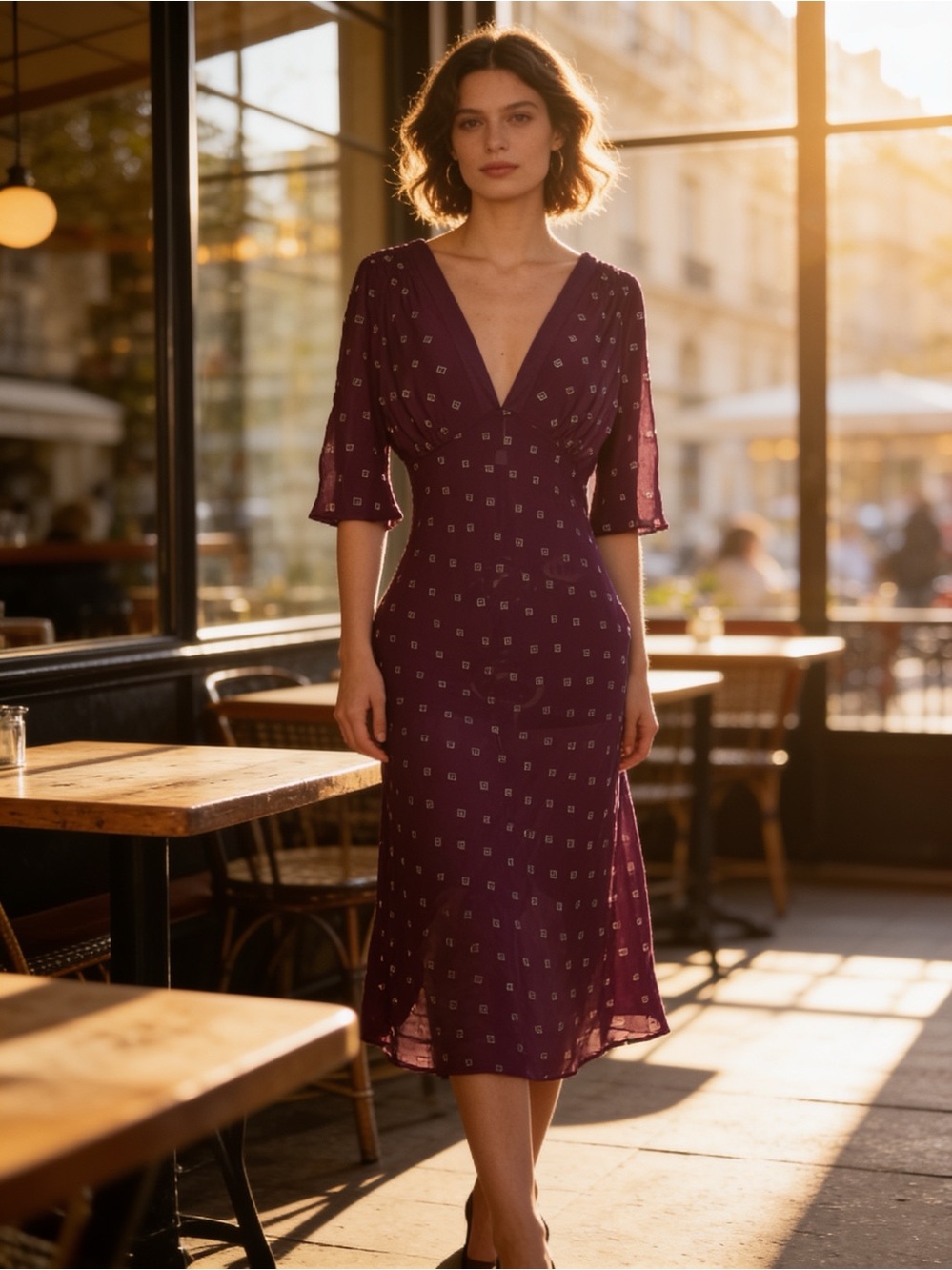 Tocca Plum V-Neck Midi Dress with White Geometric Motif